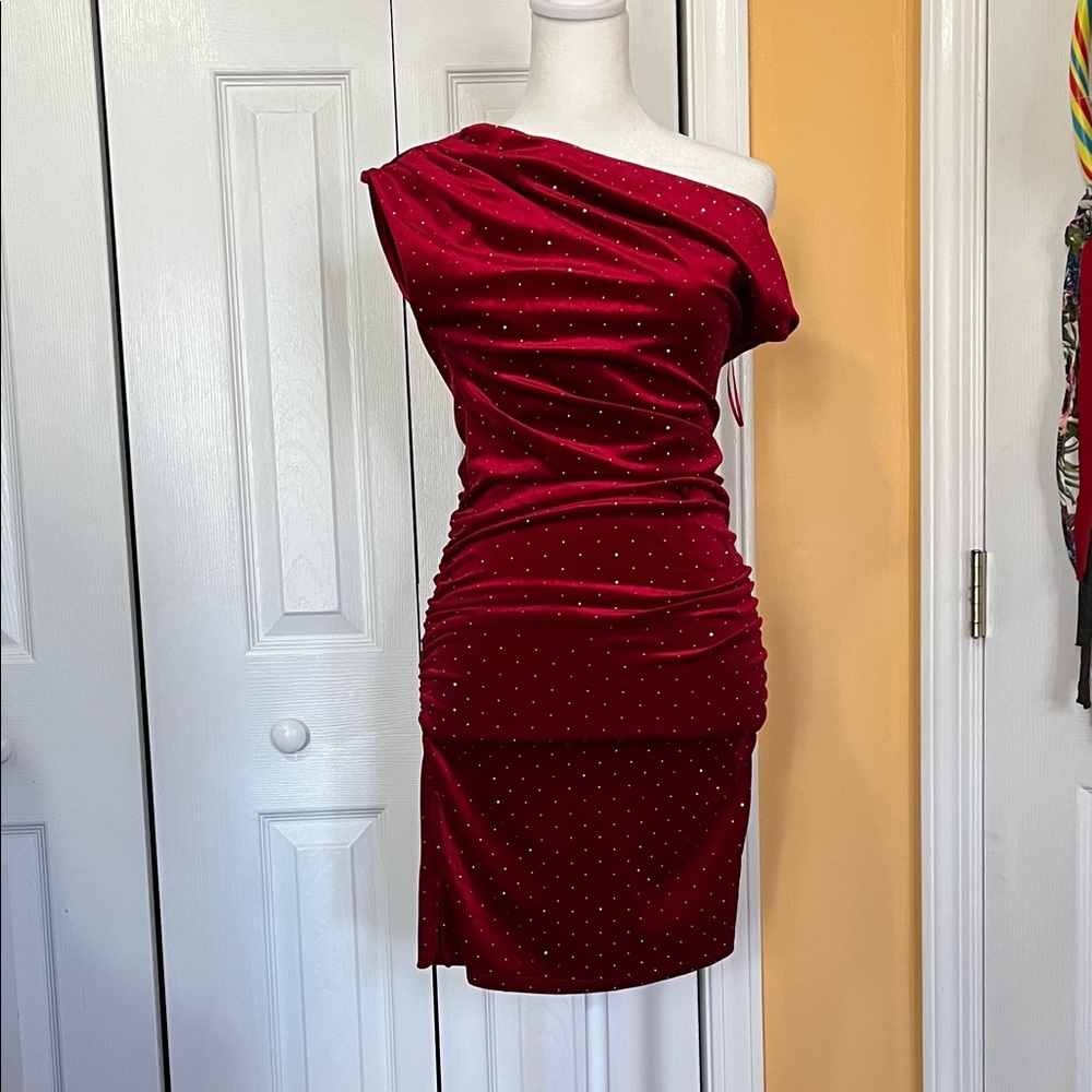 Iris Wine One-Shoulder Dress with Metallic Dots